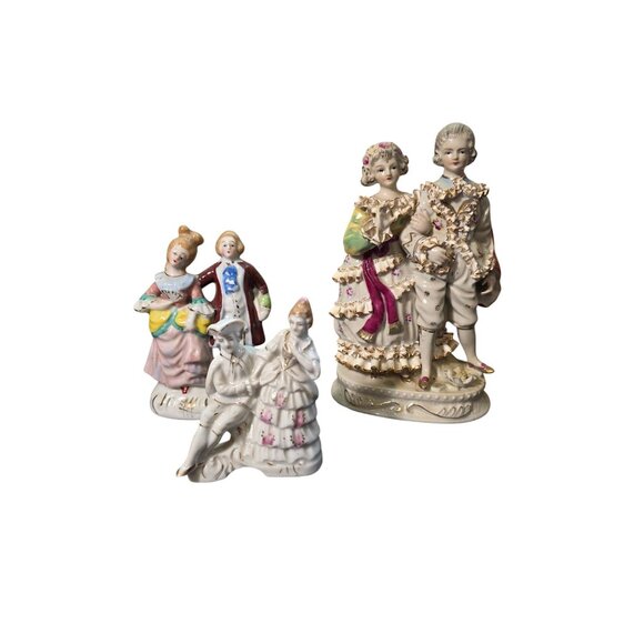 Vintage Porcelain 3 Figurine Set Featuring Couples In Victorian Attire Intricate - Picture 2 of 10